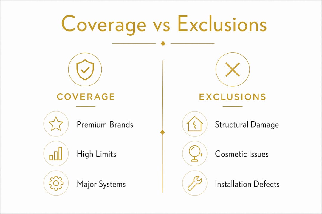 Infographic comparing luxury home warranty coverage and exclusions