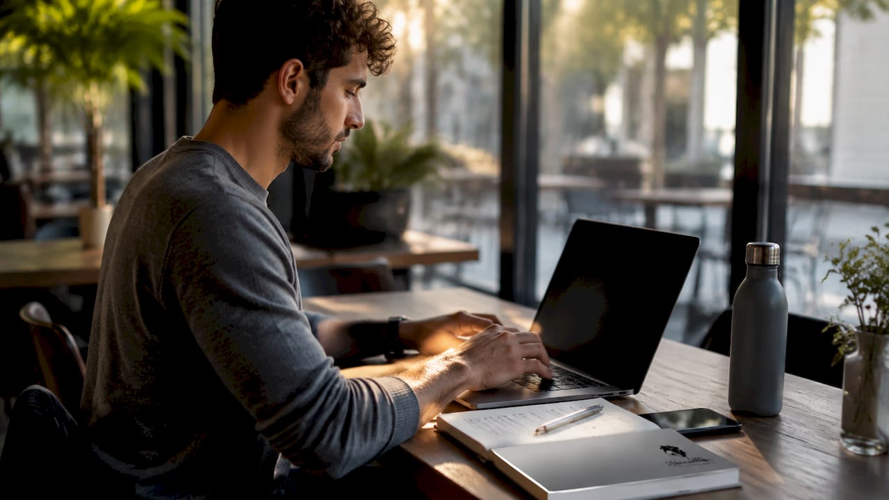 Hands typing on laptop in office workspace