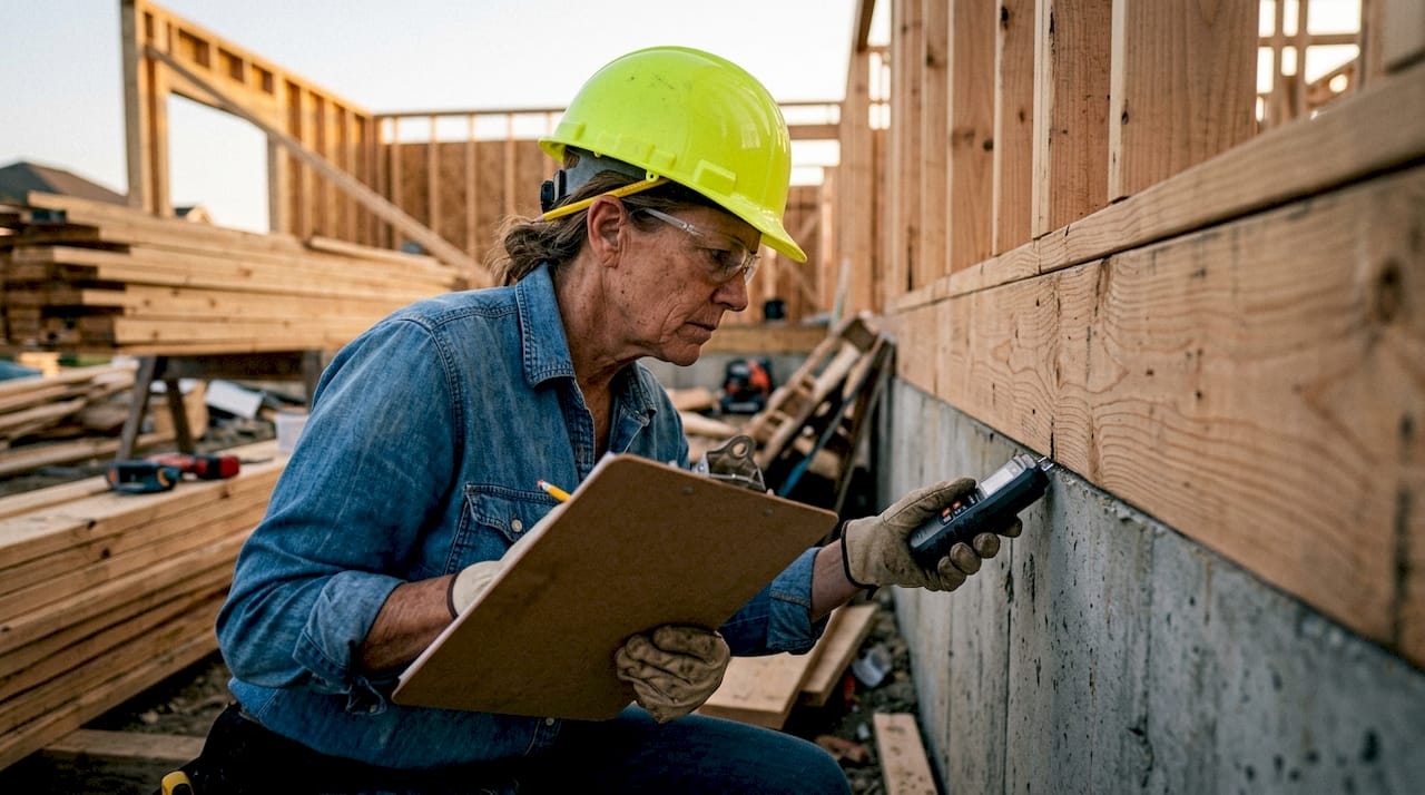 Female builder checking joint on new build site