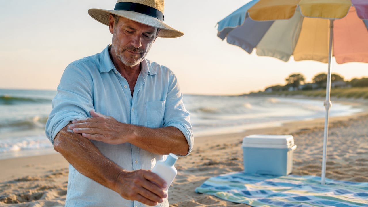 Man applying sunscreen outdoors in sunny park