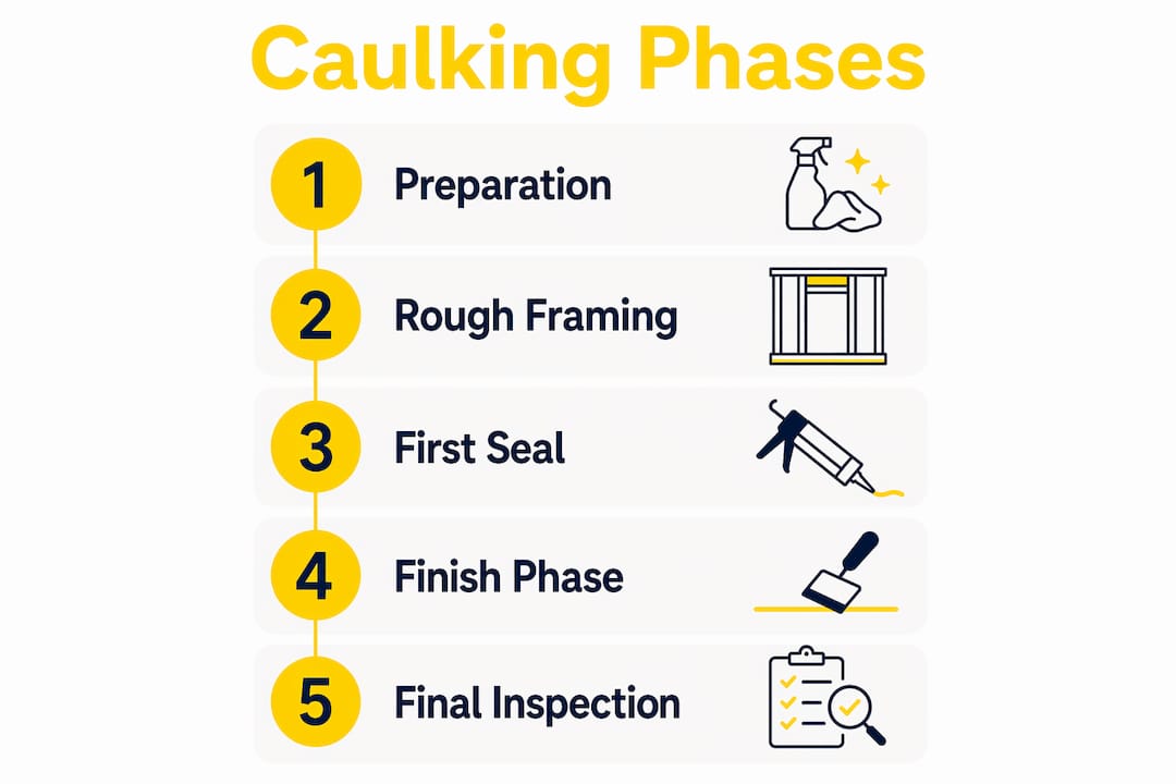 Infographic showing step-by-step caulking phases in new builds