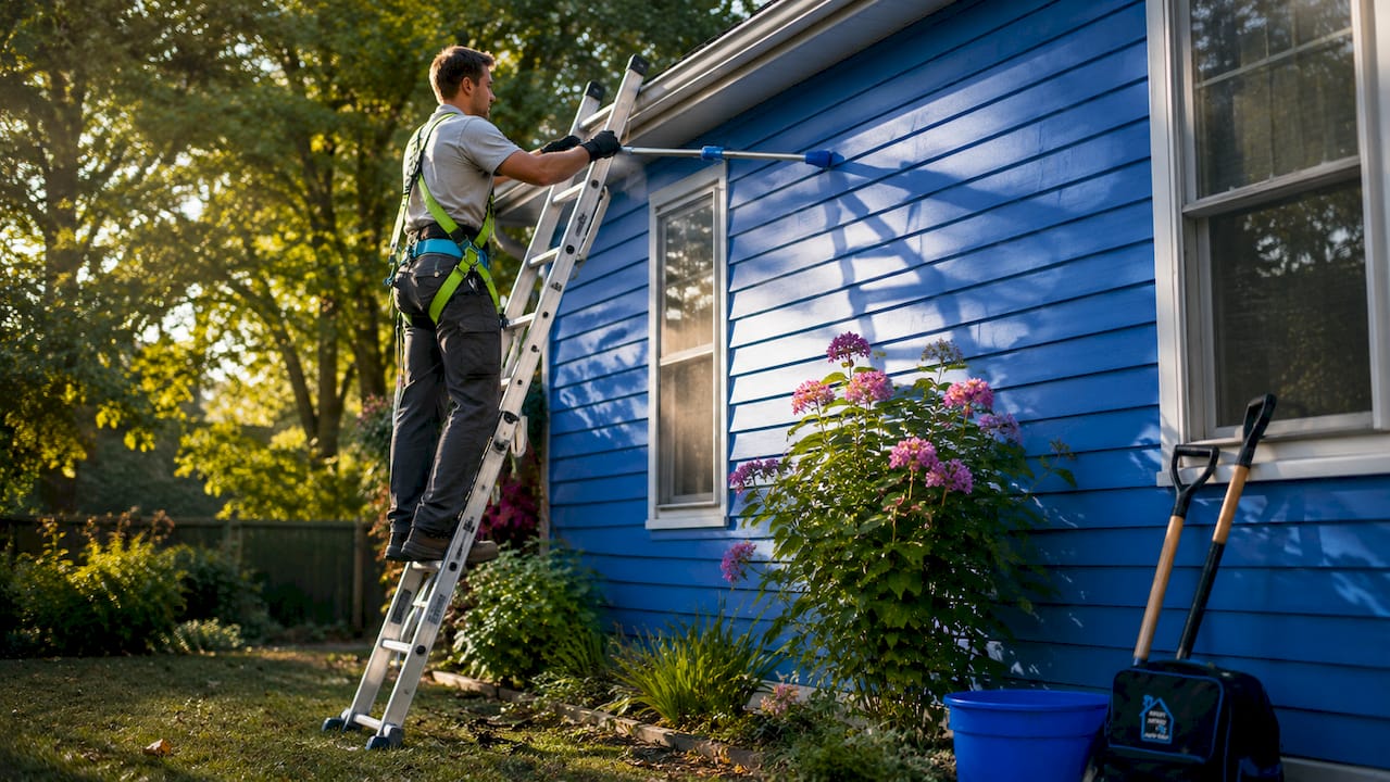 Hands setting ladder stabiliser for gutter cleaning