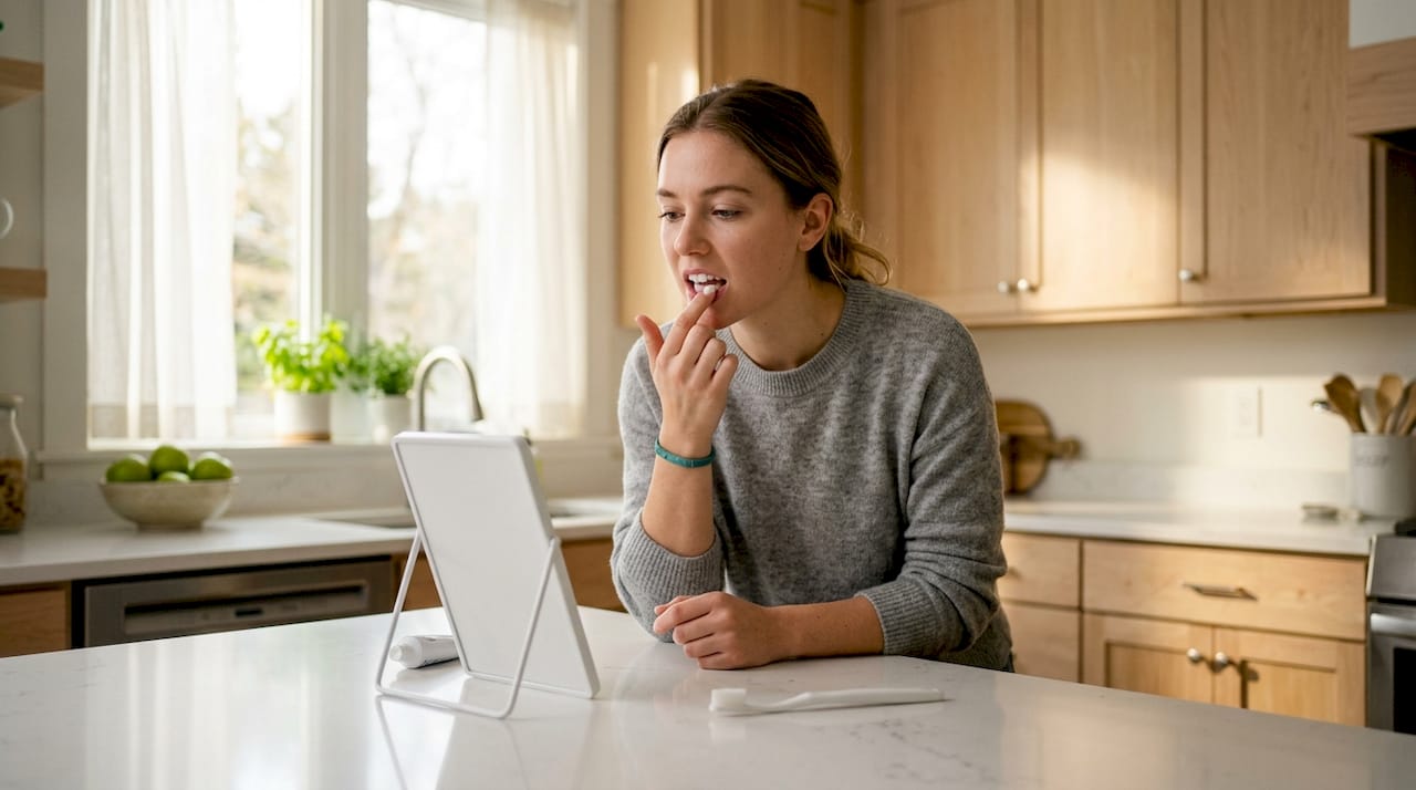 Hands applying desensitizing toothpaste on teeth
