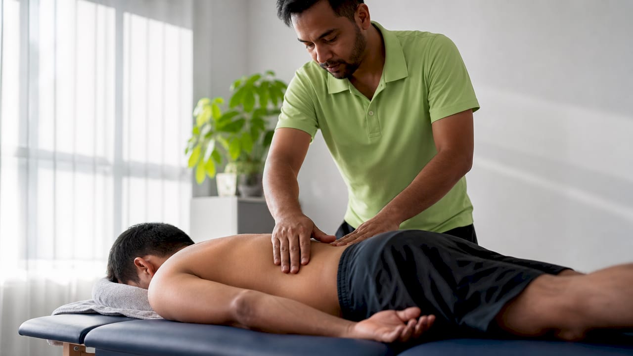 Therapist applying early pain relief massage