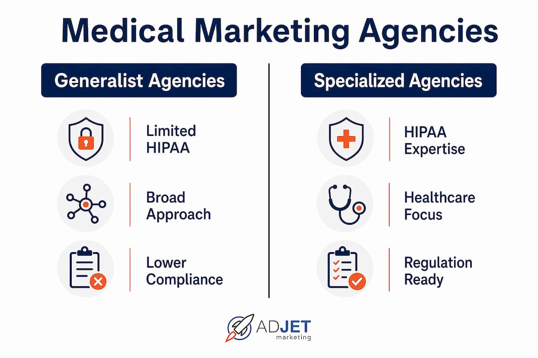 Infographic comparing generalist vs specialized medical marketing agencies