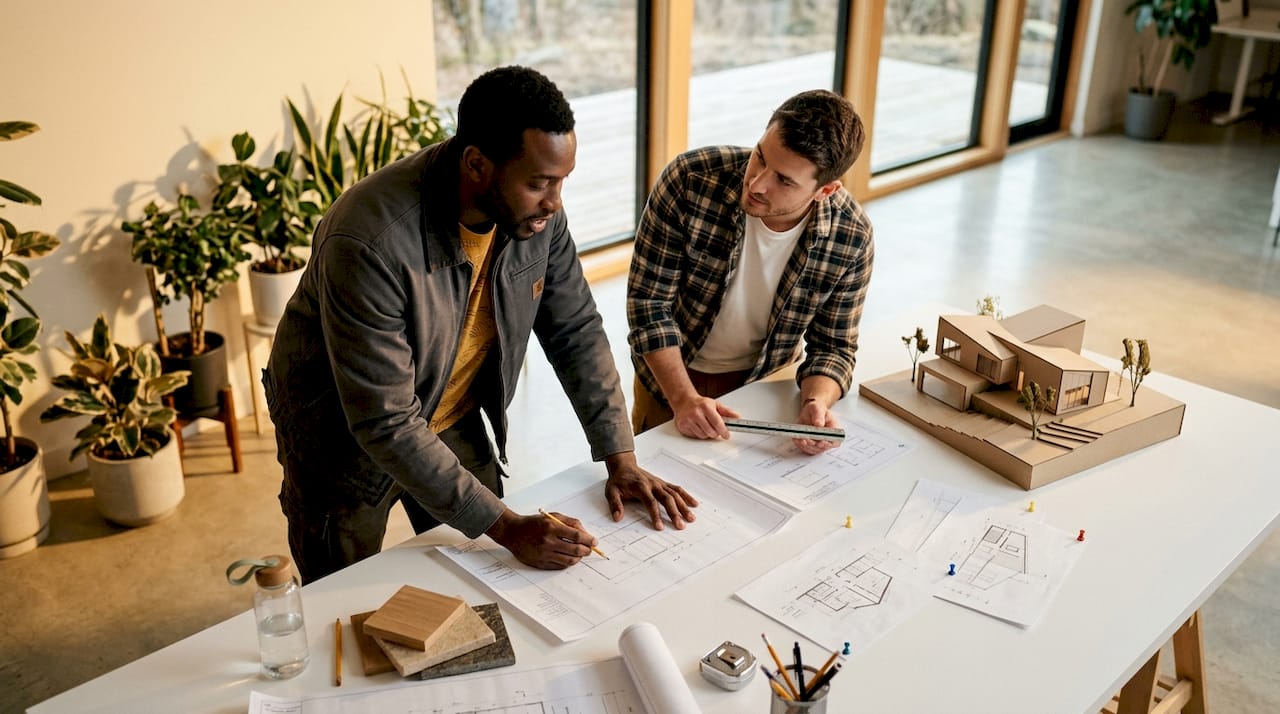 Builders reviewing custom home blueprints