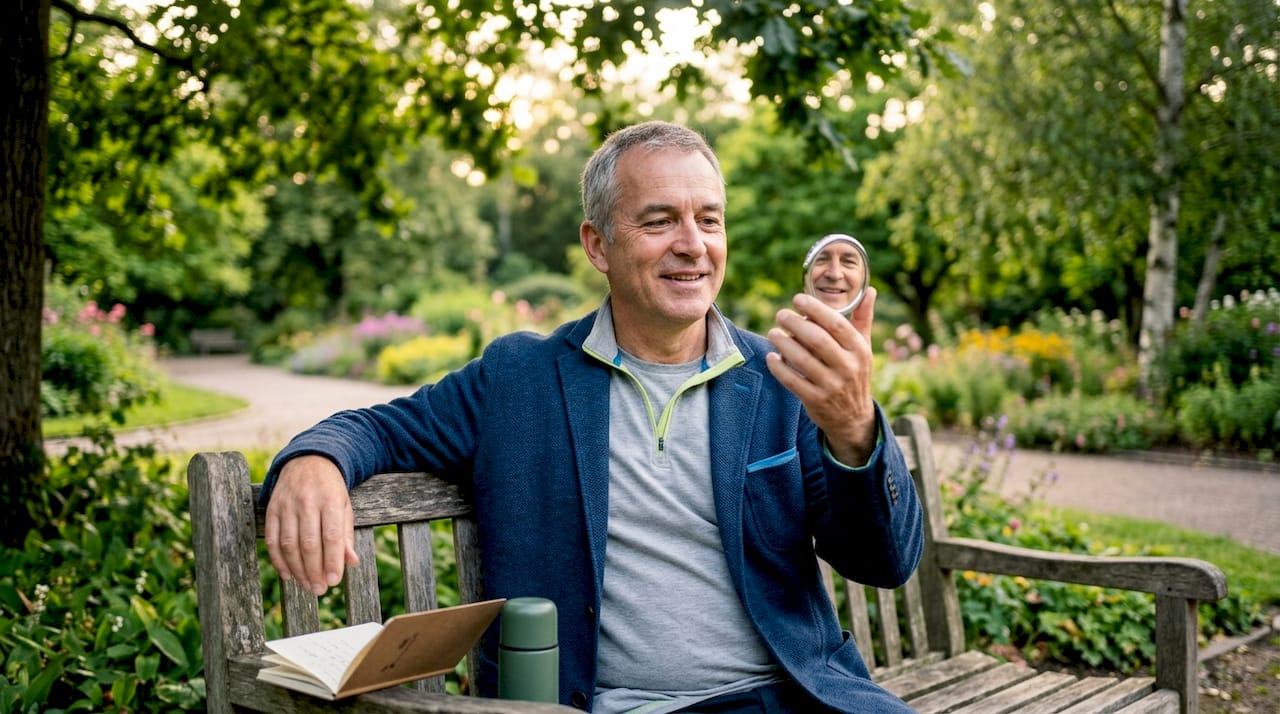 Man practicing natural smile with mirror