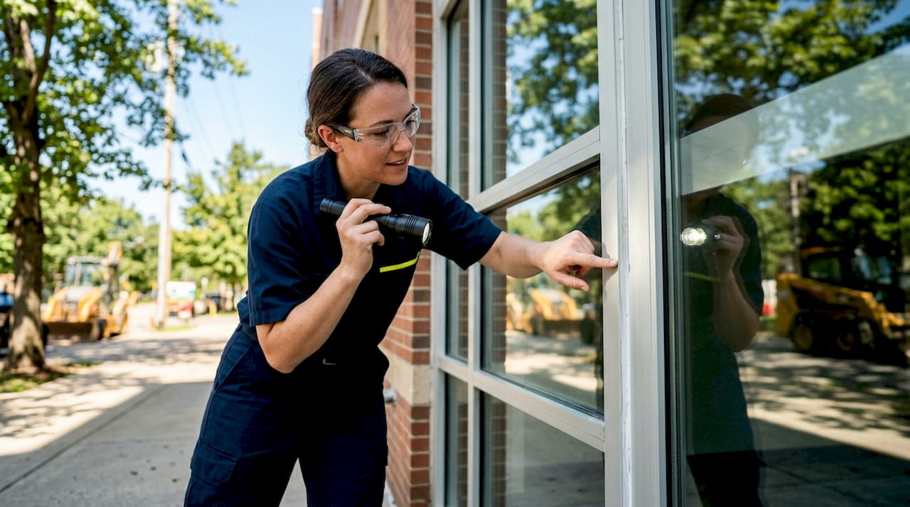Technician inspecting caulking on building window