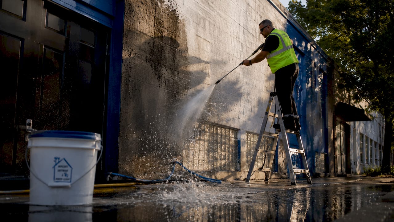 Close-up of pressure washer cleaning concrete wall