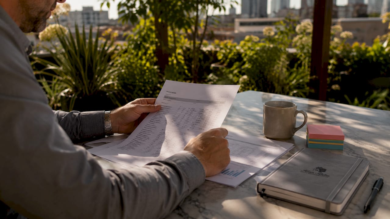 Hands analyzing financial statements in café