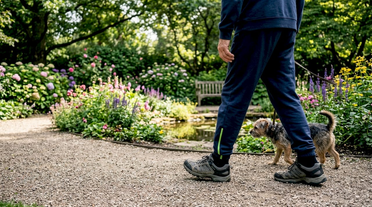 Elderly man walking on park path for rehab