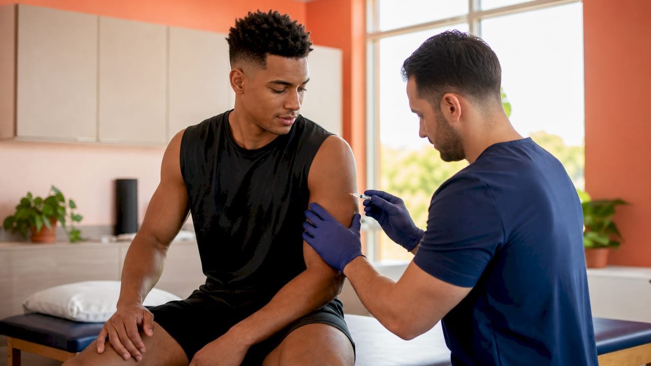 Close-up of regenerative injection on athlete's arm