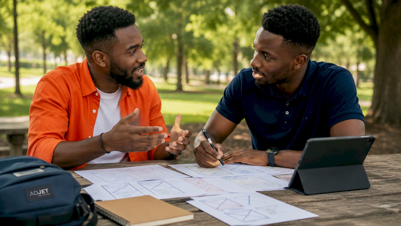Overhead view of two men collaborating on wireframe sketches