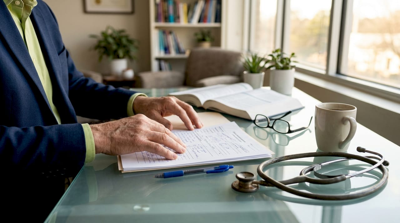 Hands arranging psychiatric assessment forms on desk