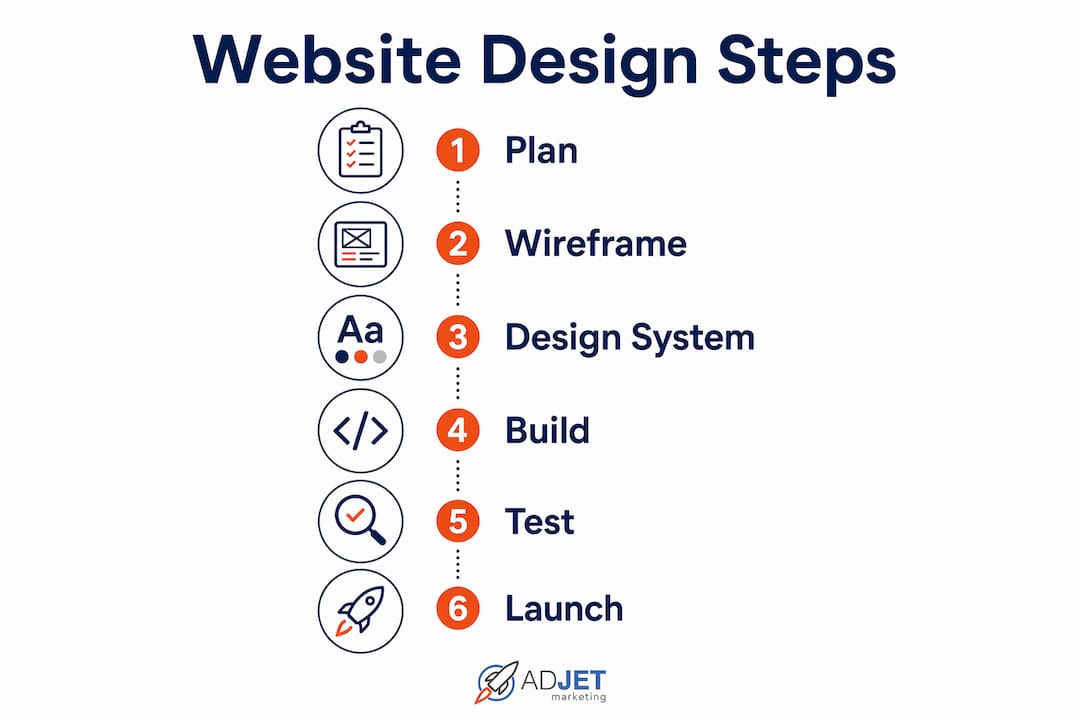 Infographic showing six steps of website design process