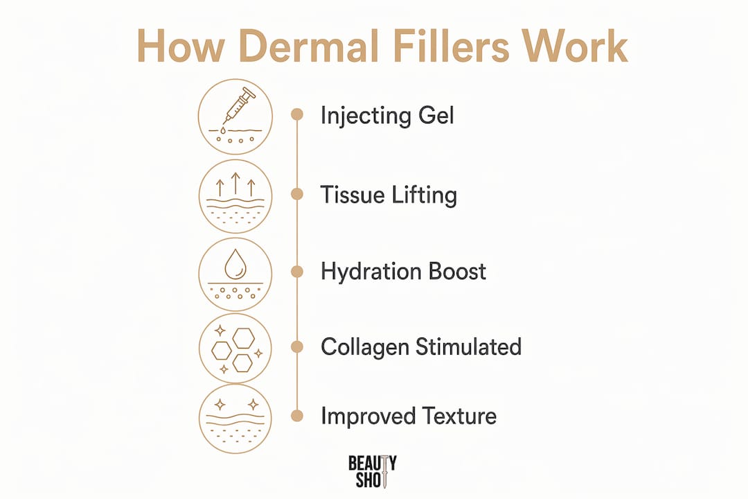Infographic showing stages of dermal filler effects on skin