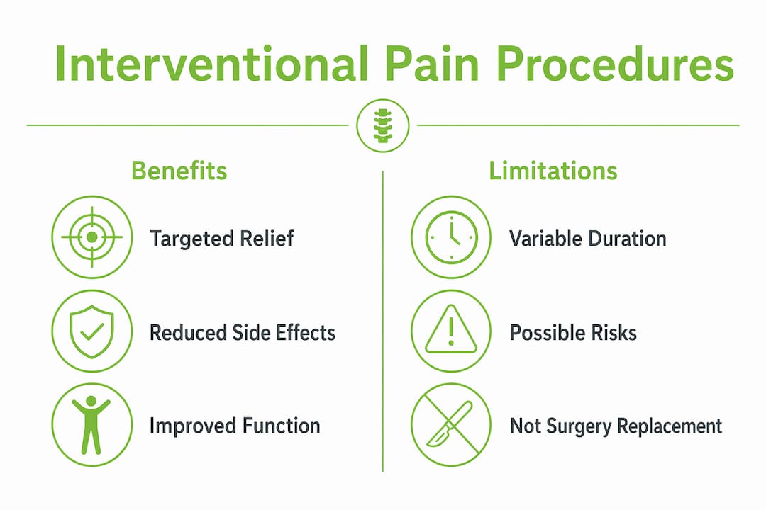 Infographic comparing benefits and limitations of pain procedures