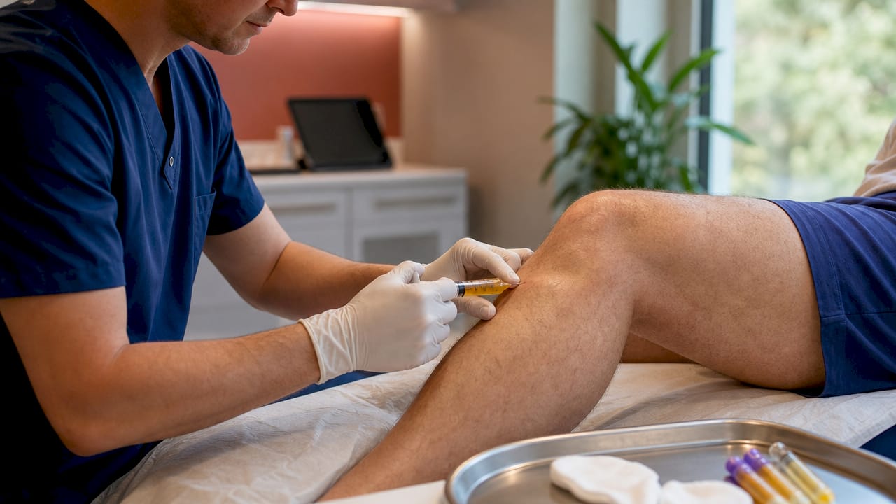Close-up of knee injection for regenerative therapy