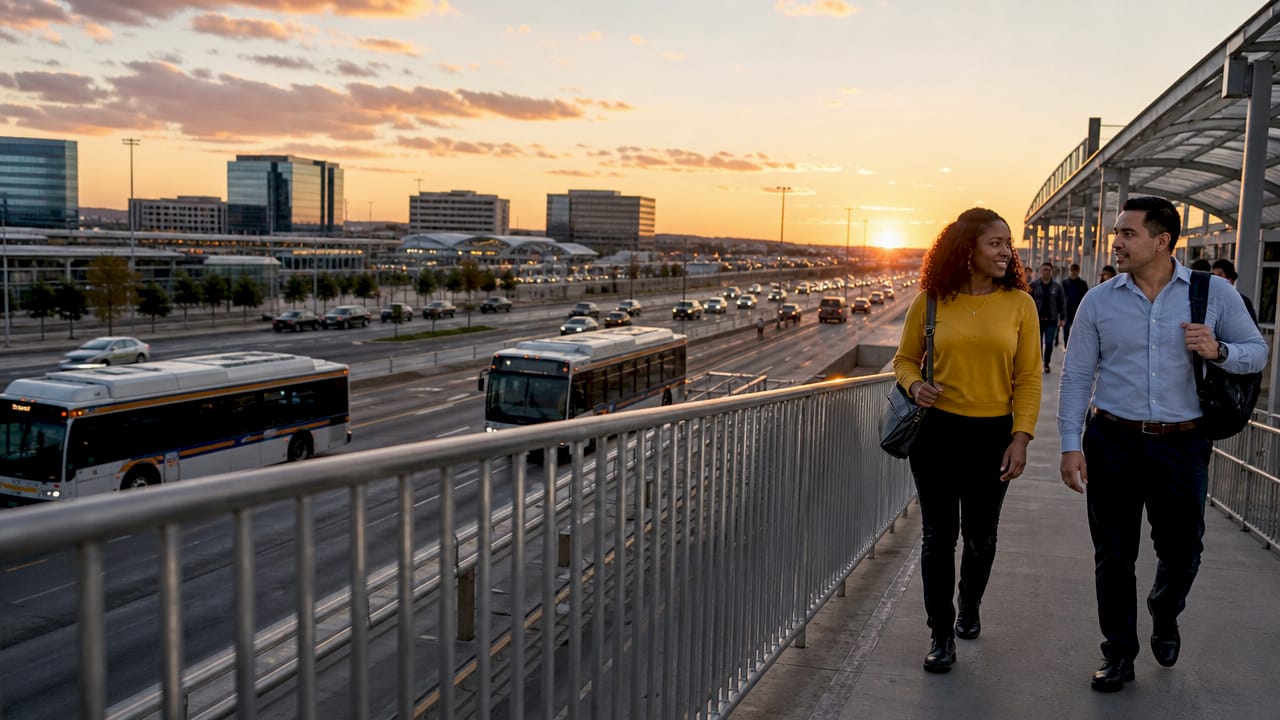 Busy North Dallas highway interchange with commuters and vehicles