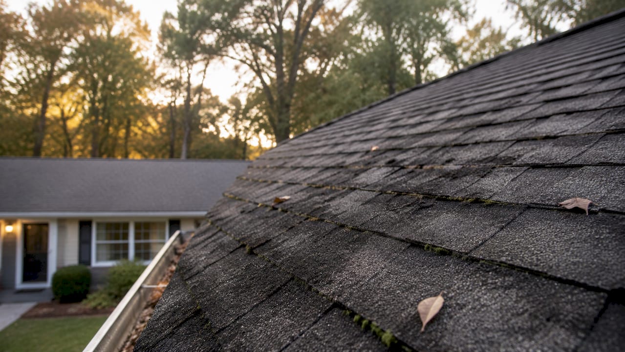 Close-up of algae and moss damaged roof shingles