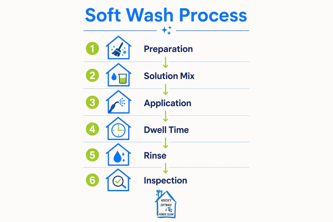 Infographic illustrating soft washing roof cleaning steps