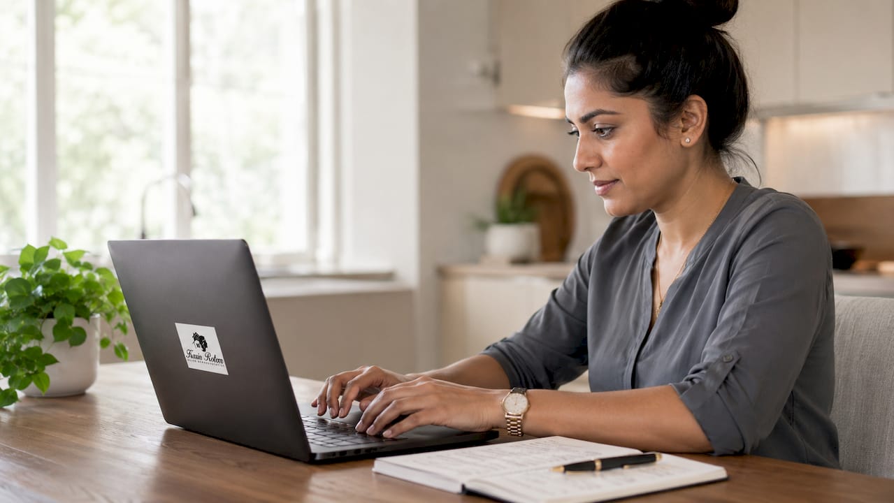 Hands typing on laptop in home office technology setup