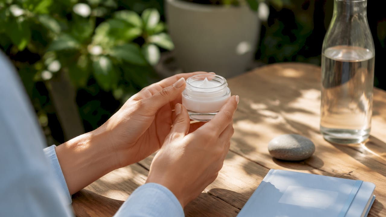 Hands holding ceramide cream in clinical setting