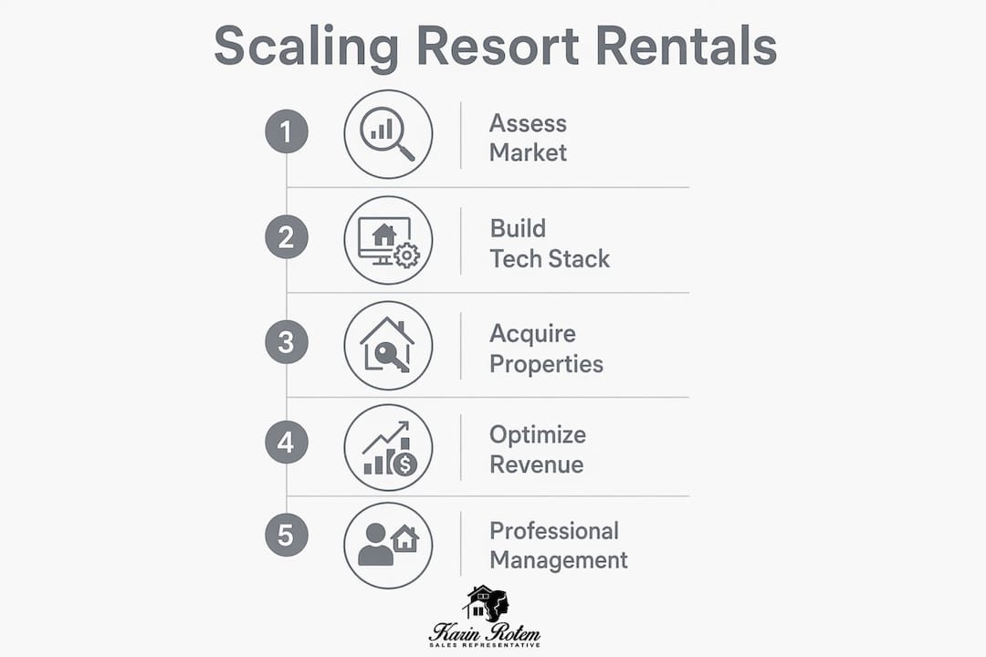 Infographic illustrating steps to scale resort rental portfolio