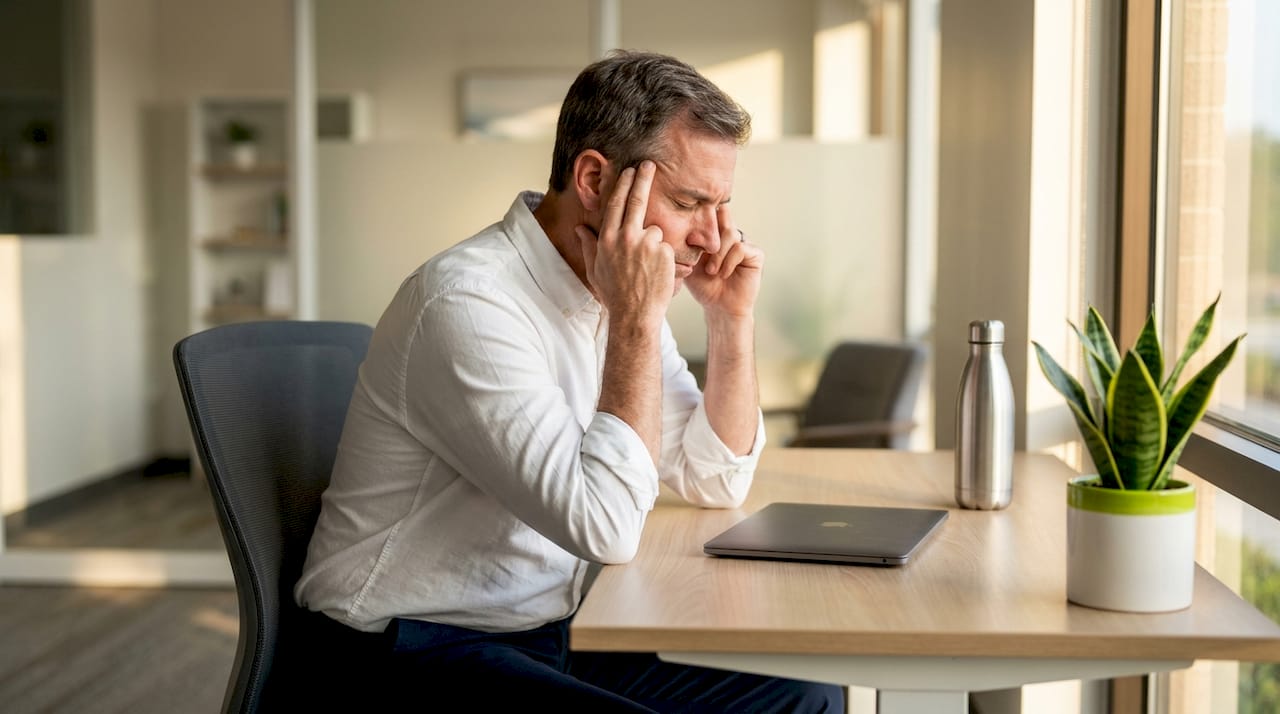 Man at kitchen table with headache and stress