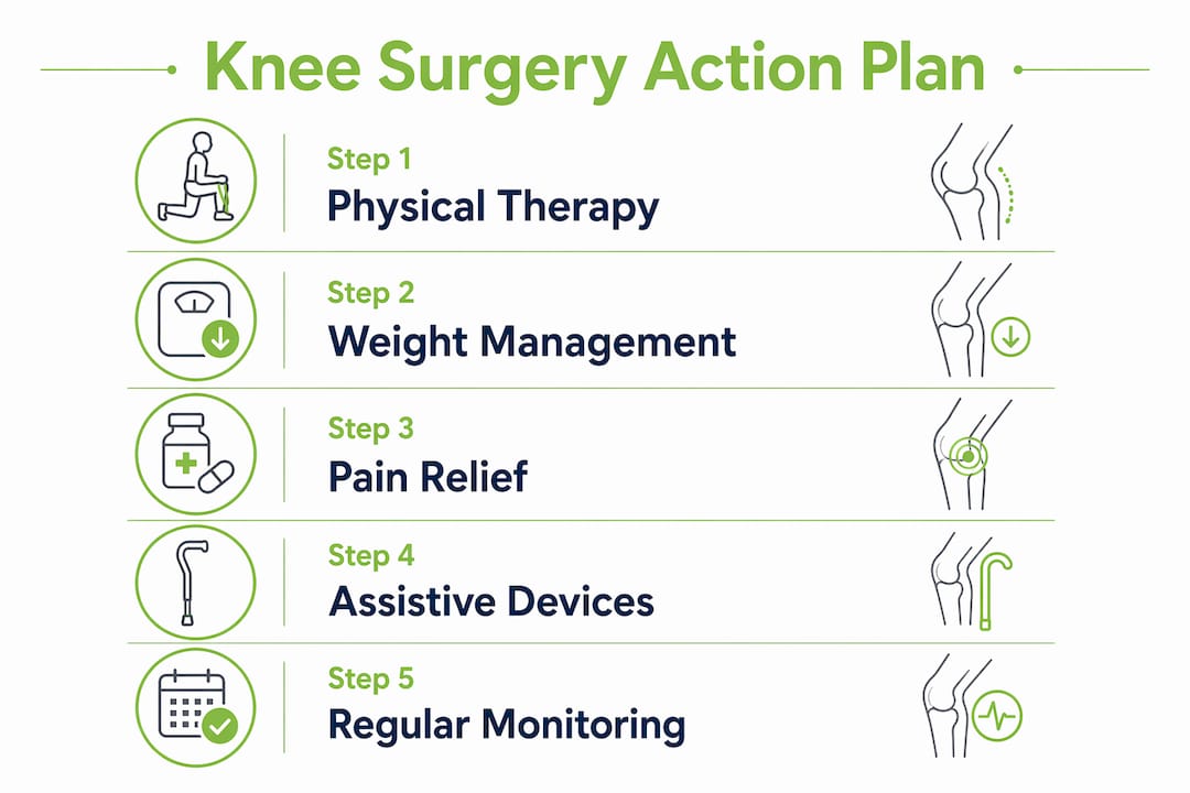Infographic illustrating 5 steps to avoid knee surgery