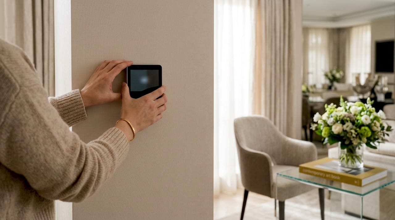 Close-up hands adjusting smart thermostat device