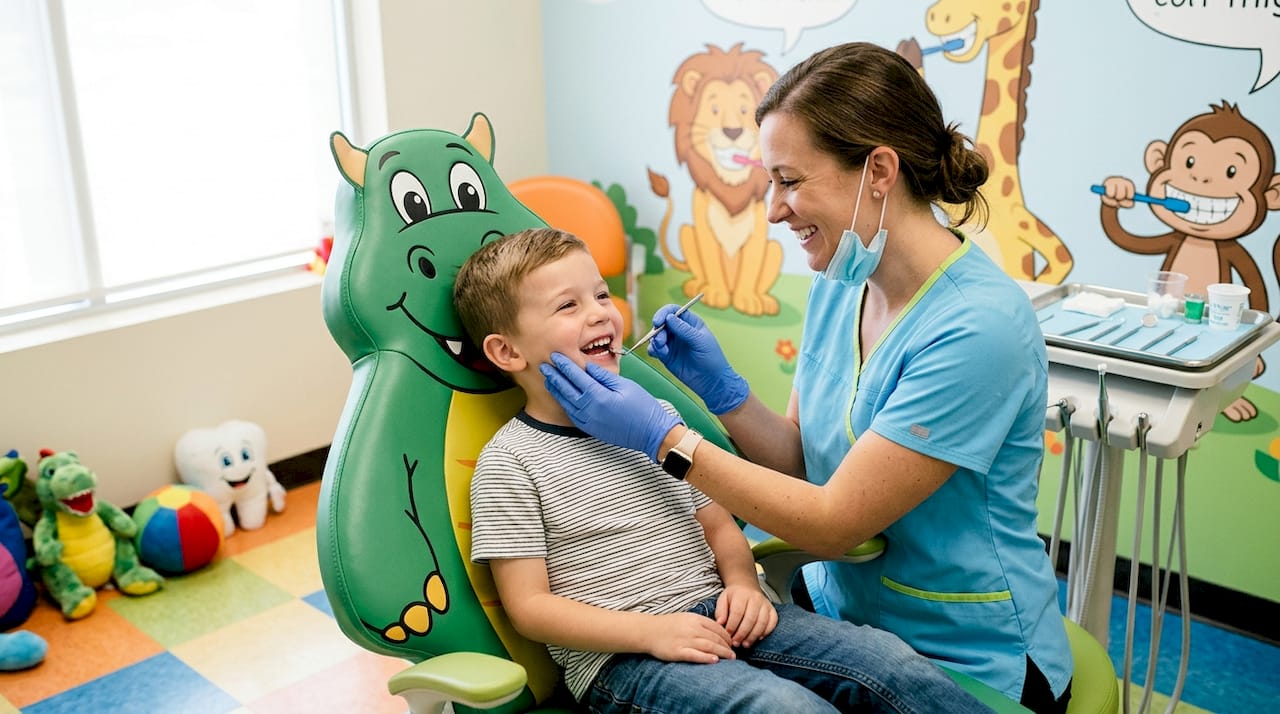 Pediatric dentist examining child's teeth