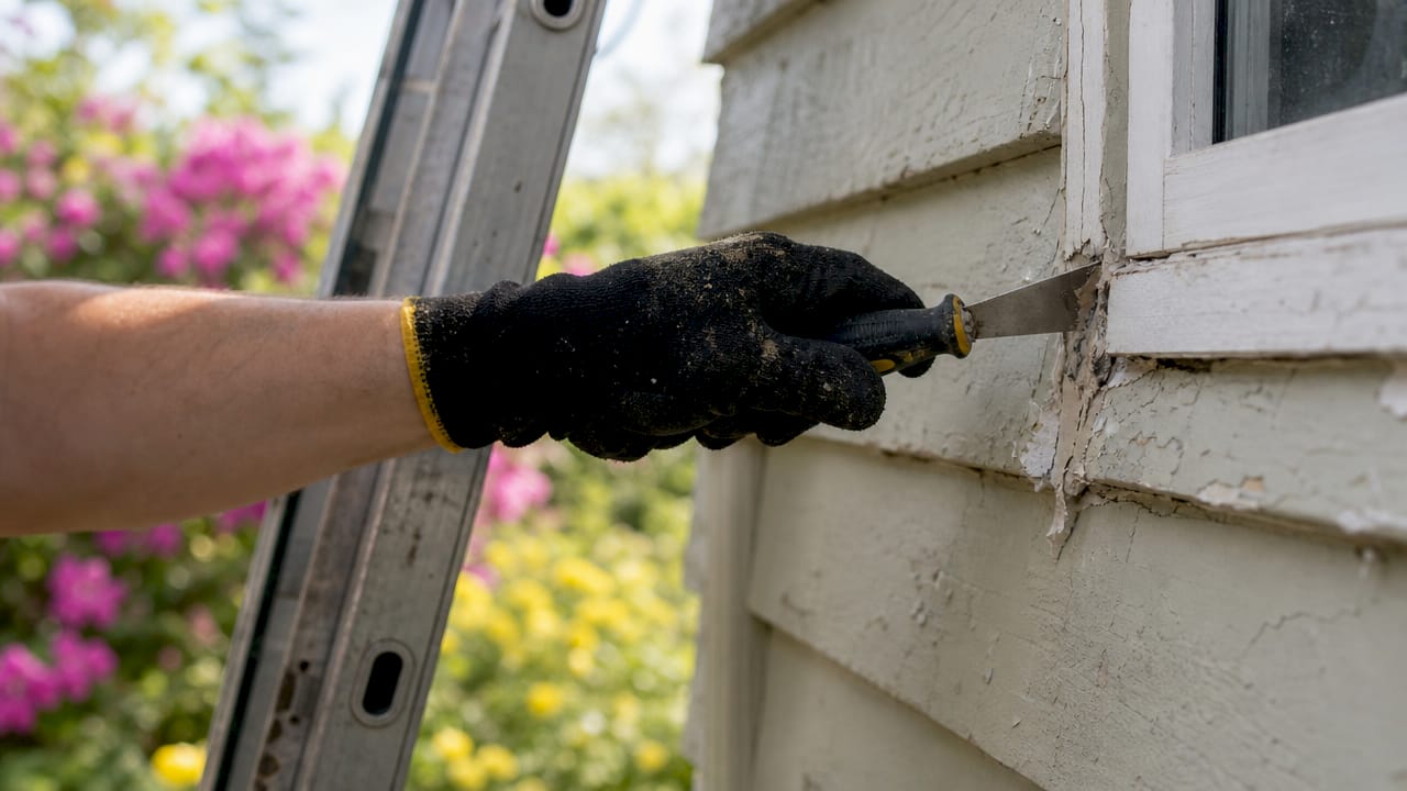 Hands removing old caulking from damaged window siding