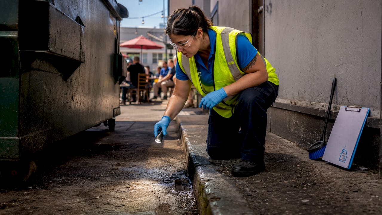 Health inspector examining restaurant exterior cleanliness