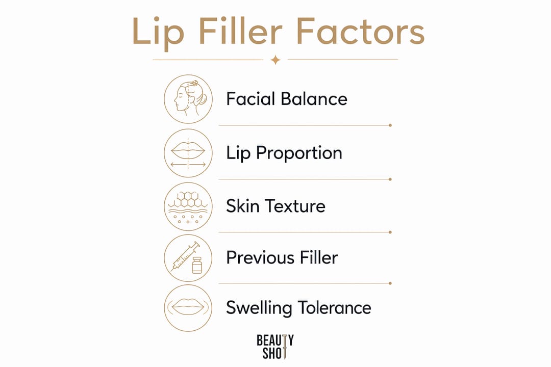 Infographic showing key factors for lip filler amount