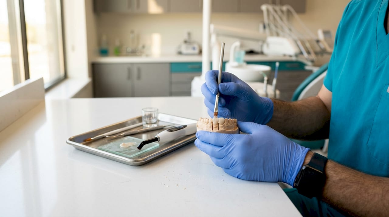 Dental technician applying composite resin on mold