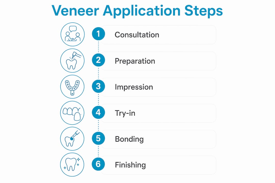 Infographic illustrating steps to apply dental veneers