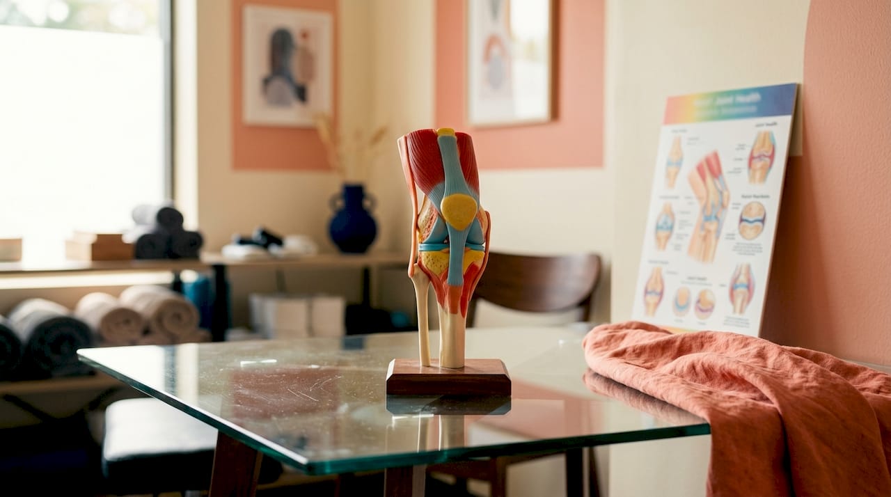Close-up of knee joint anatomical model on table