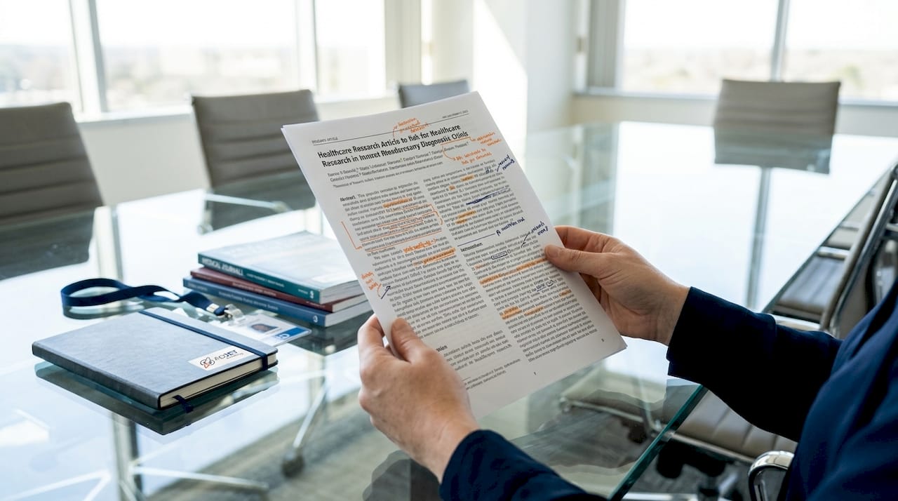 Close-up of clinical content review hands and documents