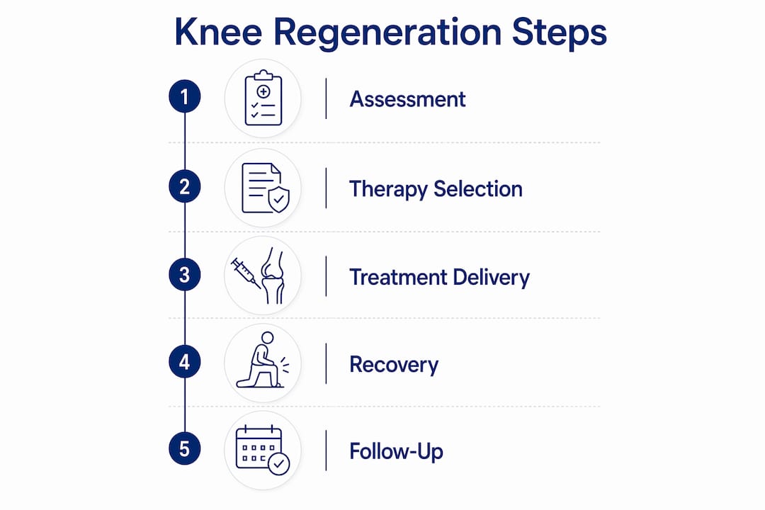 Infographic illustrating knee regeneration treatment process in steps