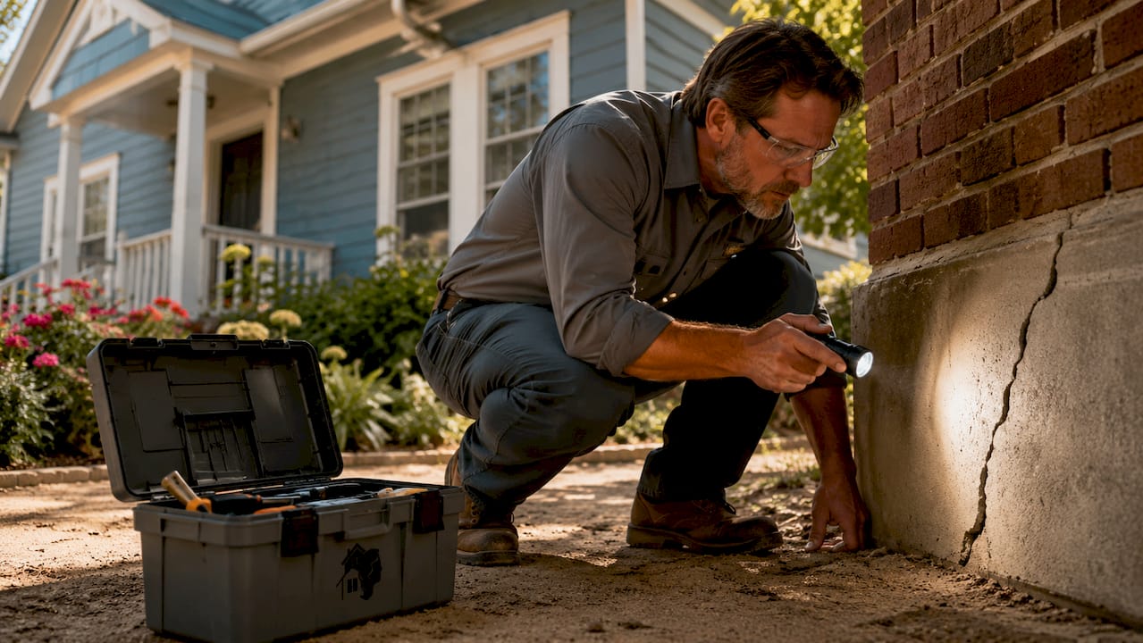 Home inspector examining house foundation outdoors