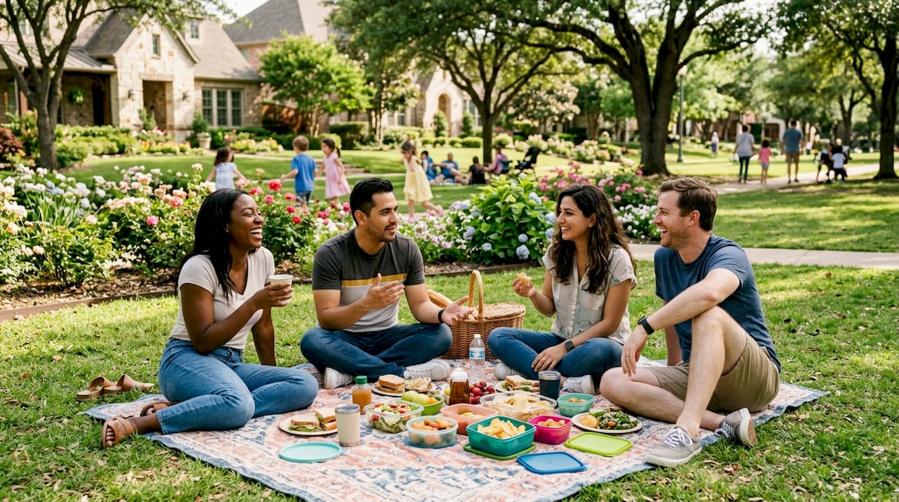 Friends socializing at outdoor café in walkable neighborhood