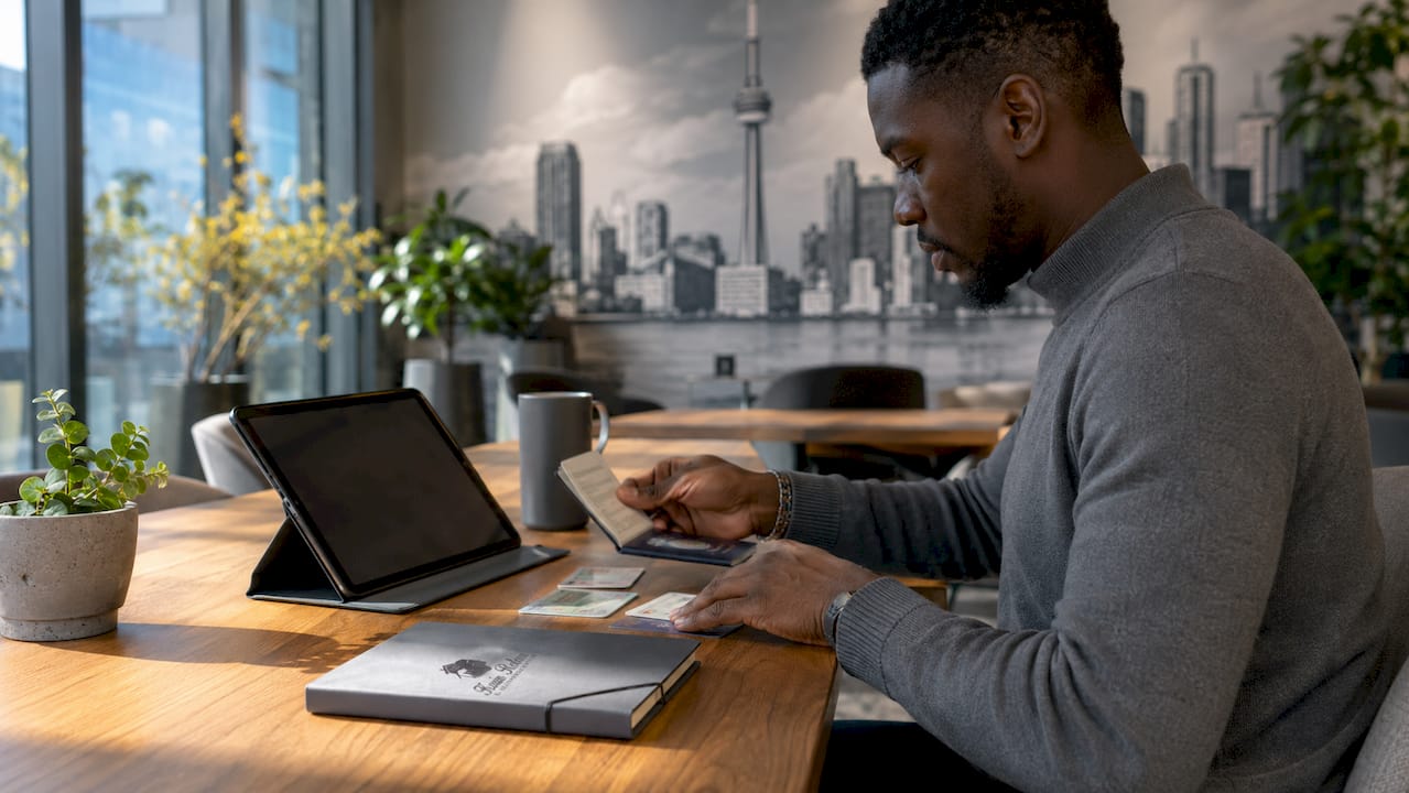 Hands sorting ID documents and tablet on desk