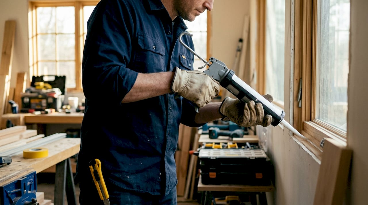 Close-up of hands applying caulking on window joint
