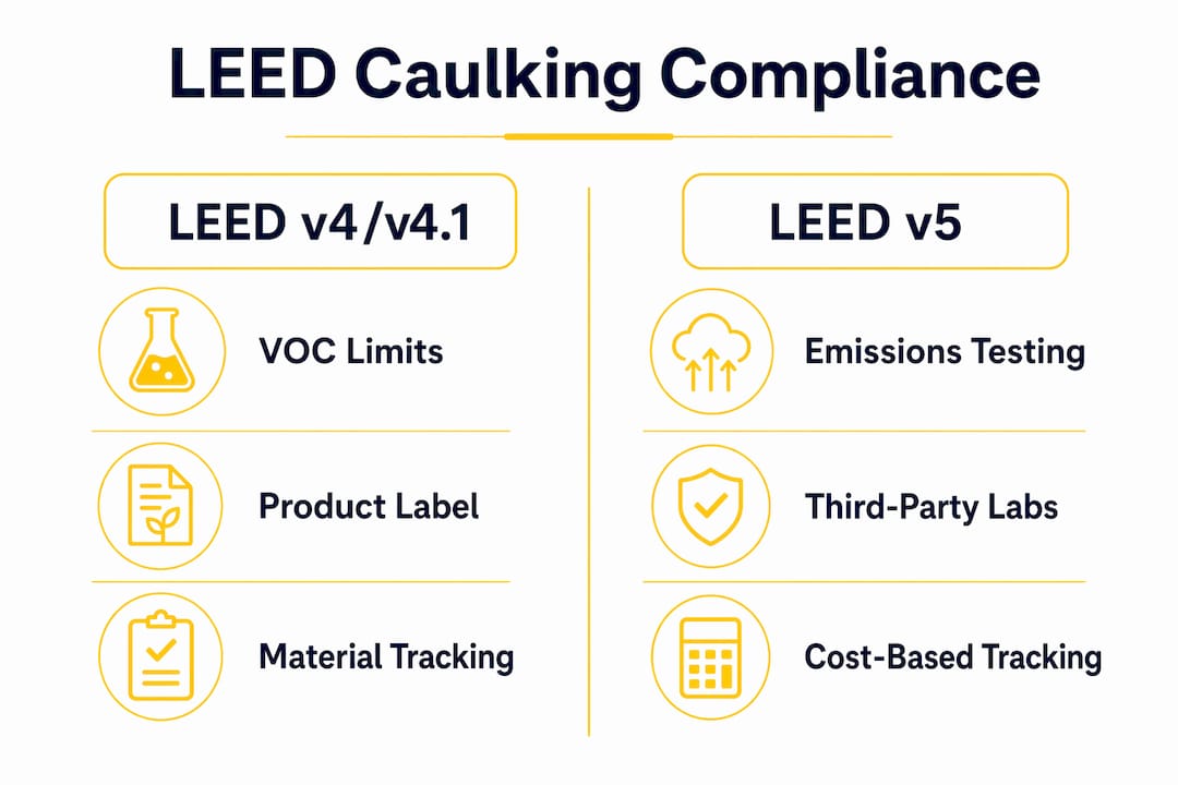 Infographic comparing LEED v4 and v5 caulking compliance changes