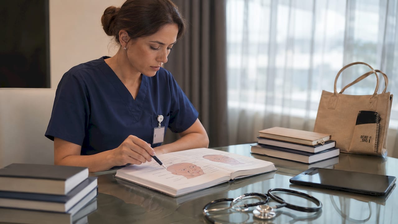 Cosmetic nurse studying aesthetic training materials