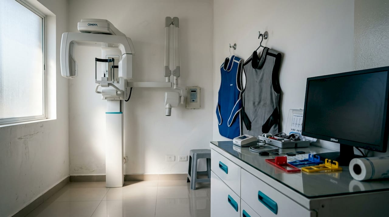Dental X-ray equipment and tools overhead view