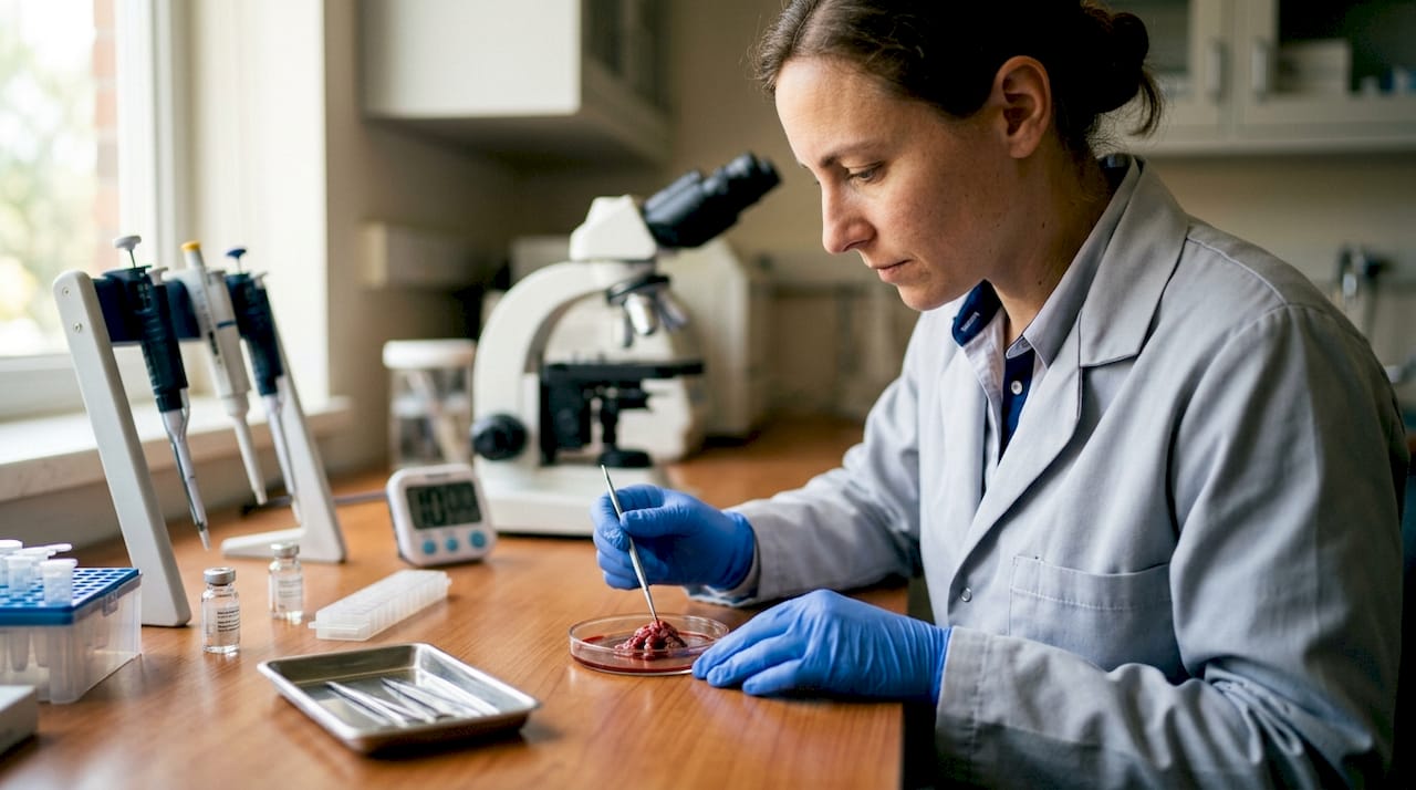 Hands examining blood clot sample in lab