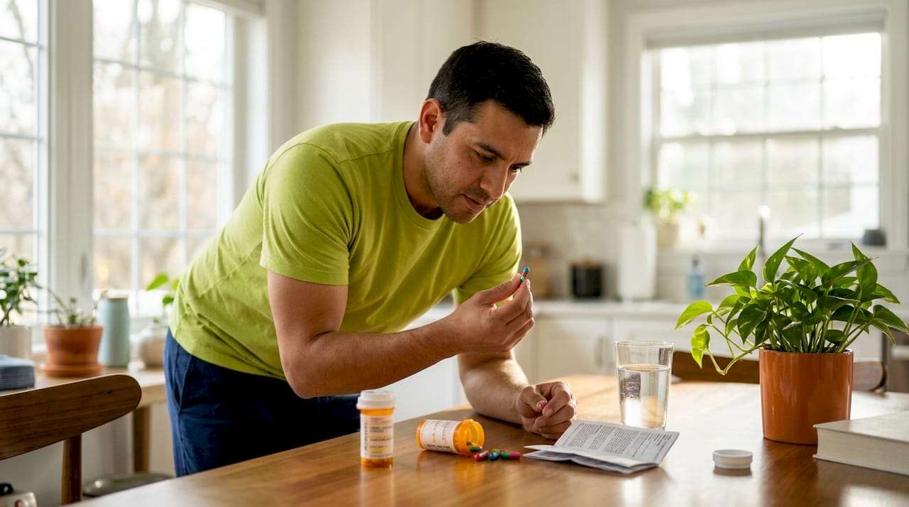 Hands holding ADHD medication capsules near bottles