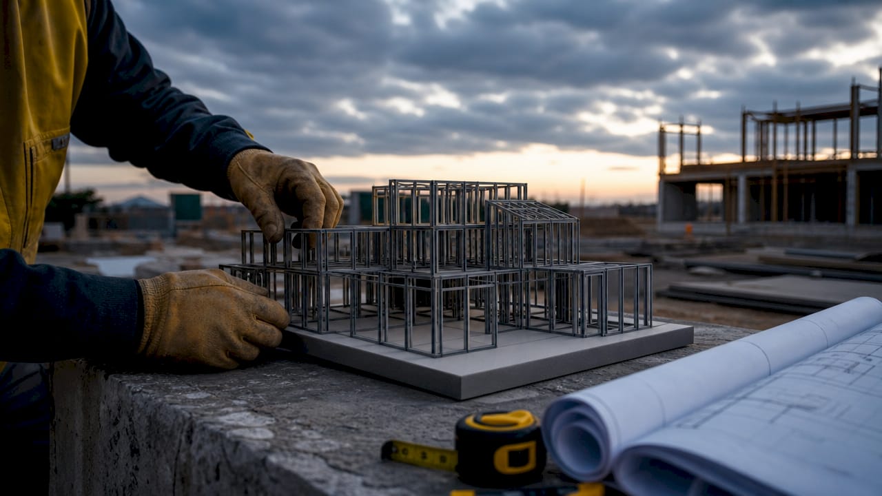 Builder holding steel framing architectural model